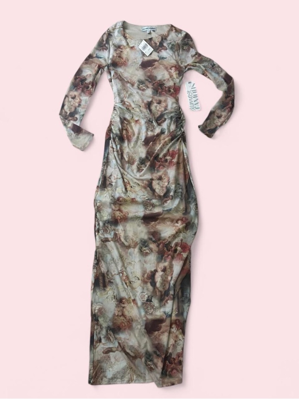 Almost Famous Cherub Print Long Sleeve Dress - Beige Multi